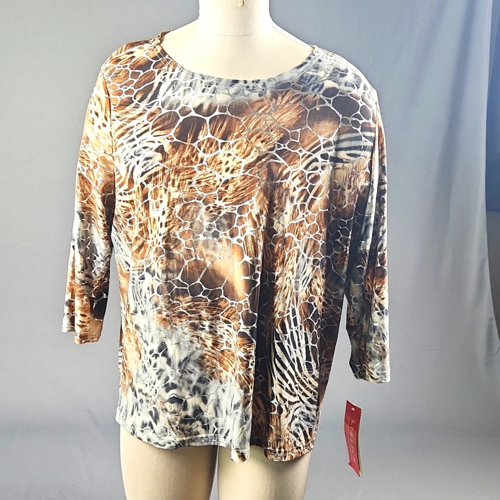NWT- Rebecca Malone -  Women's Metallic/Animal Print Shirt - Size PXL